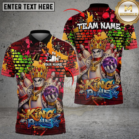 Maxcorners Bowling & Pins Graffiti Street King Pins Customized Name, Team Name 3D Shirt (4 Colors)