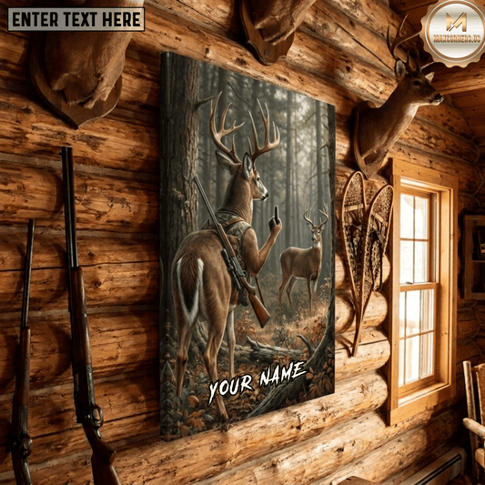 Maxcorners Deer Hunting Funny Buck Hunter Rifle Middle Finger Forest Encounter Canvas Wall Art