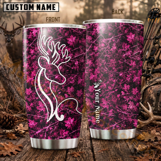 Maxcorners Hunting Deer Antlers Pink Black Camo Personalized Name 3D Tumbler