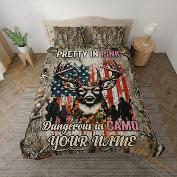 Maxcorners Hunting Pretty In Pink Deer Skull American Flag Camo Design Bedding Set 3D Print Custom Name