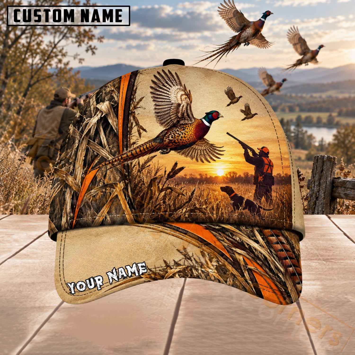 Maxcorners Upland Bird Hunting Golden Sunset Pheasant Hunter Personalized Name 3D Cap