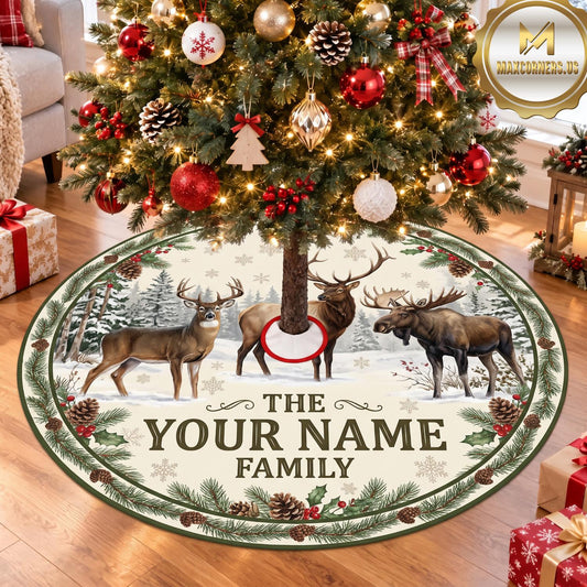 Maxcorners Hunting Deer Family Winter Woodland Personalized Name 3D Christmas Tree Skirt