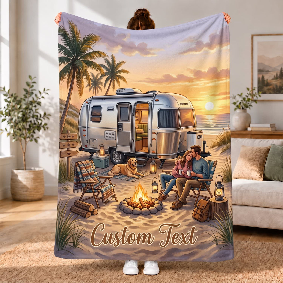 Maxcorners RVs Travel Trailer Tropical Beach Camping Custom Name 3D Blanket