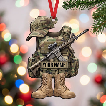 Maxcorners Military Woodland Camo Helmet Vest And Combat Boots Personalized Name 3D Keychain And Ornament