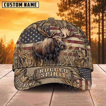 Maxcorners Moose Hunting American Flag Rugged Spirit Personalized Name 3D Cap