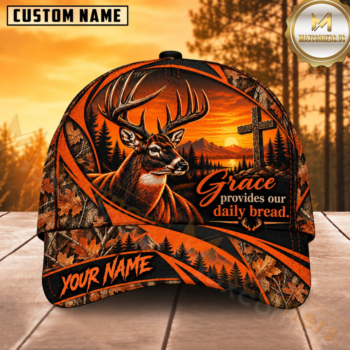 Maxcorners Deer Hunting Whitetail Buck Grace Provides Our Daily Bread Orange Camo Customized Name 3D Cap