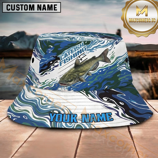 Maxcorners Fishing Blue Camo Wave Personalized Name 3D Bucket Hat (12 Fish Species)