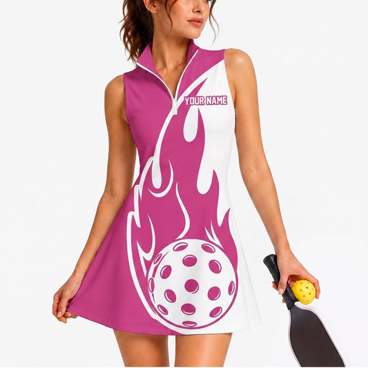 Maxcorners Pickleball Sleeveless Zipper Sports Dress Set Pink White Flame Ball Personalized Name 3D Sleeveless Zipper Sports Dress Set