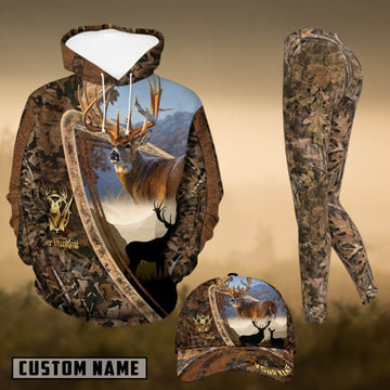 Maxcorners Hunting Whitetail Deer Mountain Forest Camo Personalized 3D Combo Hoodie, Legging Set & Cap
