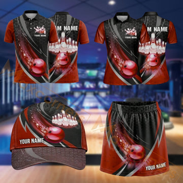 Maxcorners Bowling Bowling Ball And Pins Motion Design Personalized Team Sportswear Set - Polo Shirt, Cap & Skorts