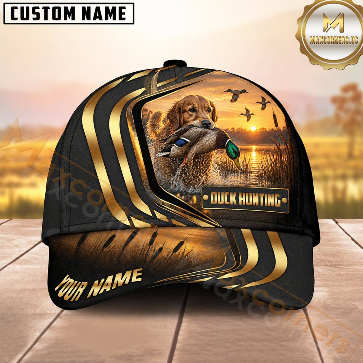 Maxcorners Dog Hunting And Duck Black Gold Curved Stripe Marsh Sunset Scene Multiple Options Personalized Name 3D Cap