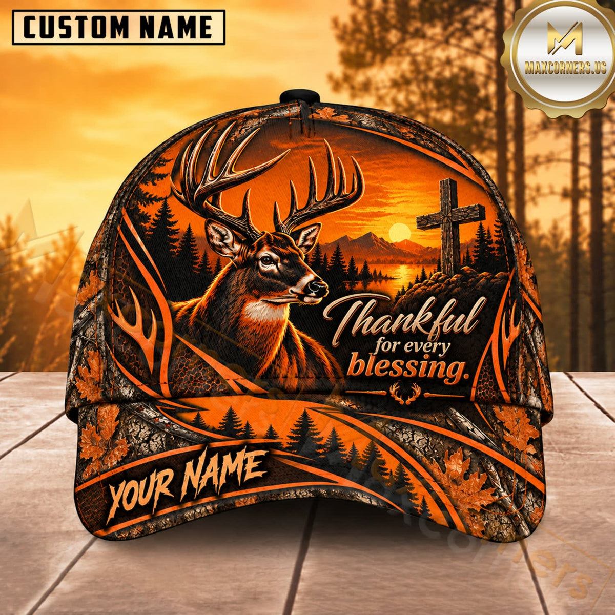 Maxcorners Deer Hunting Whitetail Buck Thankful for Every Blessing Orange Sunset Camo Customized Name 3D Cap
