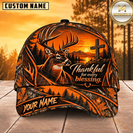 Maxcorners Deer Hunting Whitetail Buck Thankful for Every Blessing Orange Sunset Camo Customized Name 3D Cap