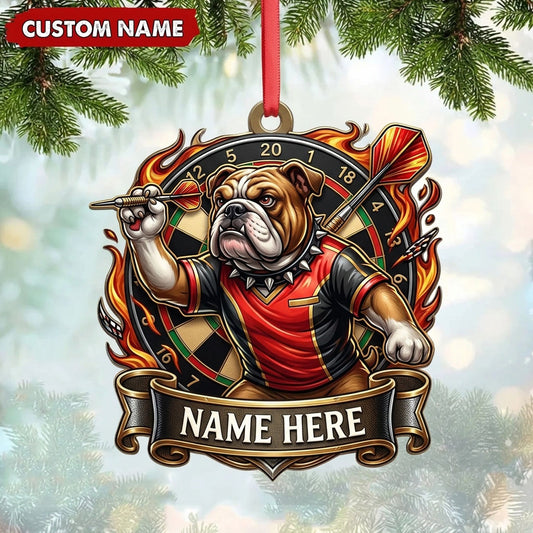 Maxcorners Darts Lover English Bulldog Mascot, Shield Frame, Holding Darts Banner Personalized Name Ornament 2D Flat