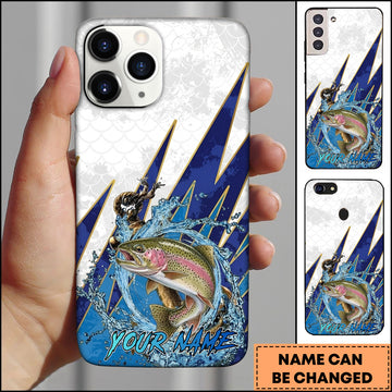 Maxcorners Trout Fishing Phone Case Jumping Water Splash Blue Lightning Scale Pattern Personalized Name Phone Case