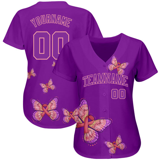 Maxcorners Custom 3D Pink Ribbon With Butterfly Wings Breast Cancer Awareness Month Women Health Care Support Authentic Baseball Jersey LM2605