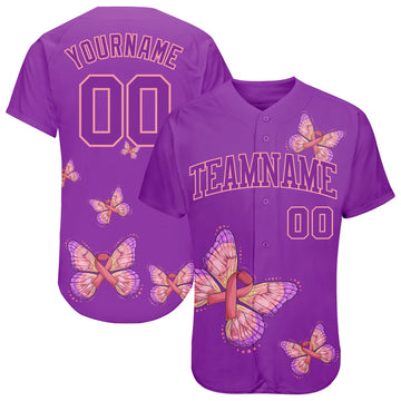 Maxcorners Custom 3D Pink Ribbon With Butterfly Wings Breast Cancer Awareness Month Women Health Care Support Authentic Baseball Jersey LM2605