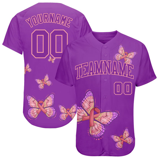 Maxcorners Custom 3D Pink Ribbon With Butterfly Wings Breast Cancer Awareness Month Women Health Care Support Authentic Baseball Jersey LM2605