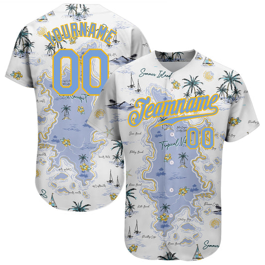 Maxcorners Custom White Light Blue-Yellow 3D Pattern Design Beach Hawaii Palm Trees And Island Authentic Baseball Jersey LM2605