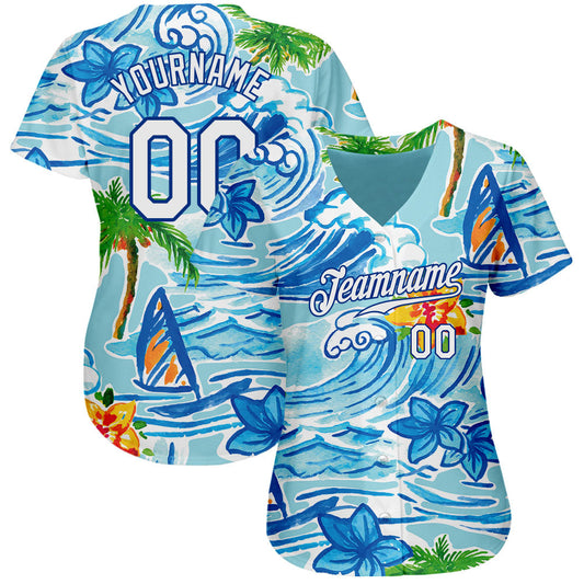Maxcorners Custom White Royal 3D Pattern Design Beach Hawaii Palm Trees And Flowers Authentic Baseball Jersey LM2605