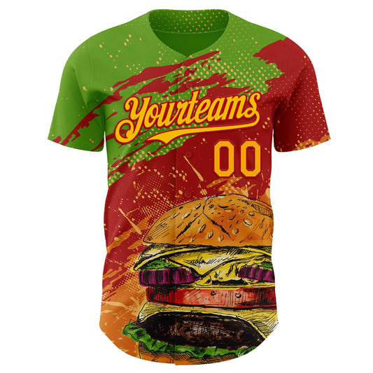 Maxcorners Custom Aurora Green Yellow-Red Foodie Fast Food Burger Authentic Baseball Jersey LM2605