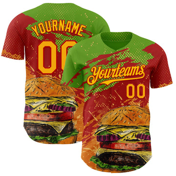 Maxcorners Custom Aurora Green Yellow-Red Foodie Fast Food Burger Authentic Baseball Jersey LM2605