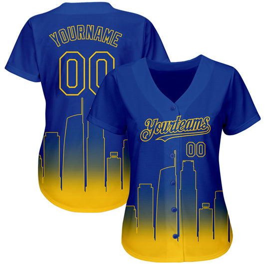 Maxcorners Custom Royal Yellow 3D Los Angeles City Edition Fade Fashion Authentic Baseball Jersey LM2605