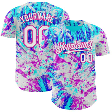 Maxcorners Custom Ice Blue White Blue-Deep Pink Cyber Tropical Palm Trees Music Festival Authentic Baseball Jersey LM2605