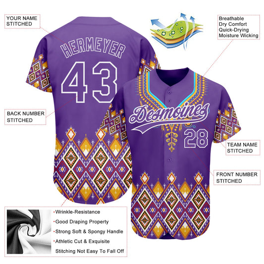 Maxcorners Custom Purple White 3D Pattern Design Traditional African Ethnic Style Authentic Baseball Jersey LM2605