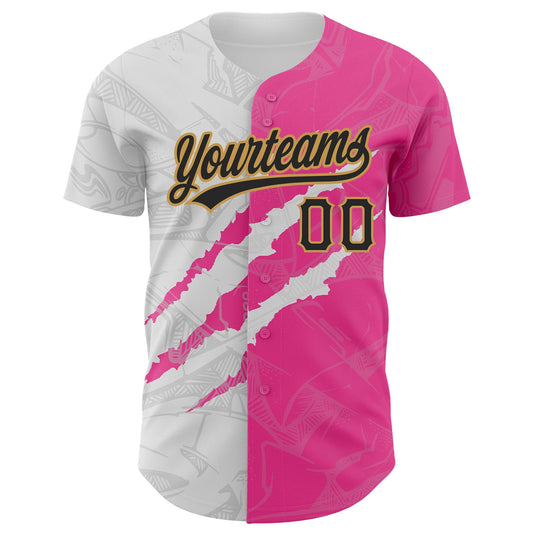Maxcorners Custom Graffiti Pattern Black Pink-Old Gold 3D Scratch Authentic Baseball Jersey LM2605