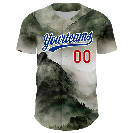 Maxcorners Custom White Red-Royal 3D Pattern Design Mountains Landscape Authentic Baseball Jersey LM2605