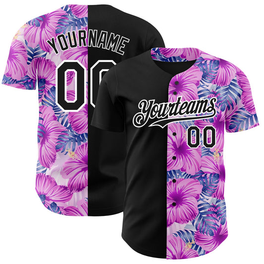 Maxcorners Custom Pink Black-White 3D Pattern Design Tropical Flower And Hawaii Palm Leaves Authentic Baseball Jersey LM2605