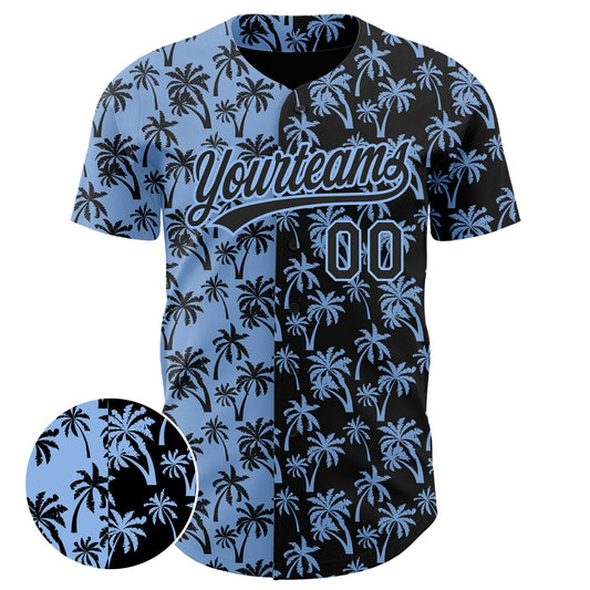 Maxcorners Custom Light Blue Black 3D Pattern Design Tropical Hawaii Palm Trees Authentic Baseball Jersey LM2605