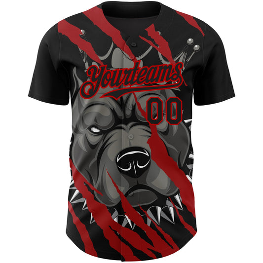 Maxcorners Custom Black Red 3D Pattern Design Animal Pitbull Dog Authentic Baseball Jersey LM2605