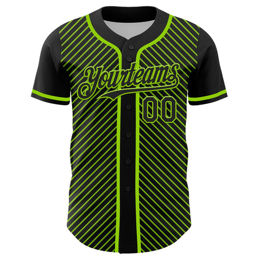 Maxcorners Custom Black Neon Green 3D Pattern Design Diagonal Stripes Authentic Baseball Jersey LM2605