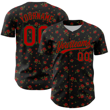 Maxcorners Custom Black Red-Green 3D Pattern Design Gothic Style Rose Authentic Baseball Jersey LM2605