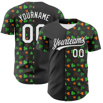 Maxcorners Custom Black Green-Bay Orange 3D St. Patrick's Day Shamrock Authentic Baseball Jersey LM2605
