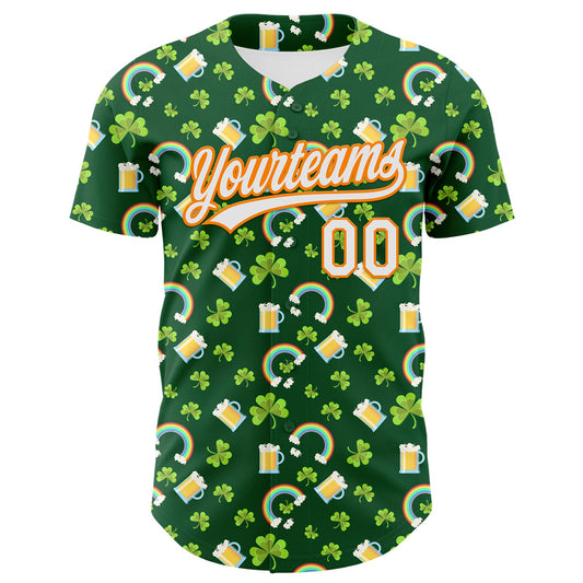 Maxcorners Custom Green White-Bay Orange 3D St. Patrick's Day Shamrock Beer Authentic Baseball Jersey LM2605