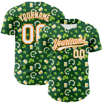 Maxcorners Custom Green White-Bay Orange 3D St. Patrick's Day Shamrock Beer Authentic Baseball Jersey LM2605