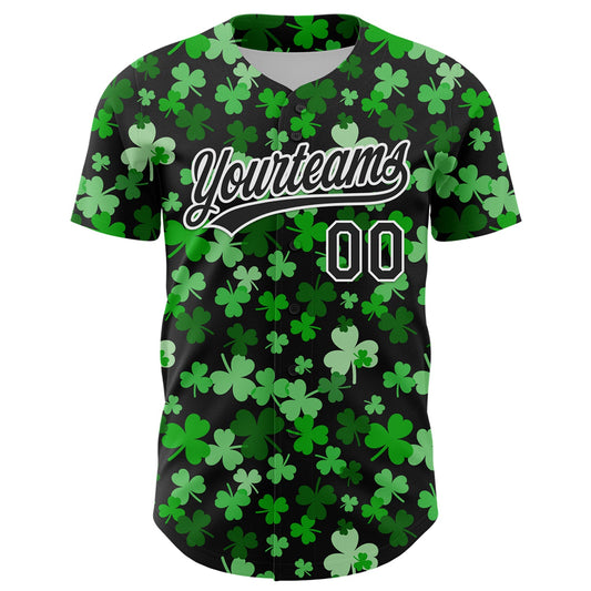 Maxcorners Custom Black White 3D St. Patrick's Day Shamrock Authentic Baseball Jersey LM2605