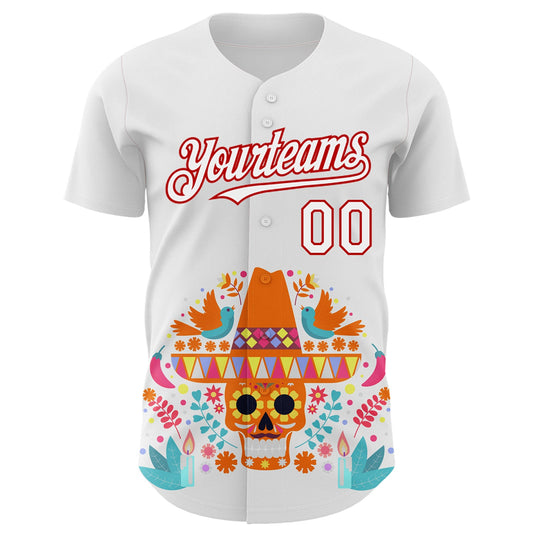 Maxcorners Custom White Red 3D Mexican Festival Flower Skull With Sombrero Cinco de Mayo Authentic Baseball Jersey LM2605