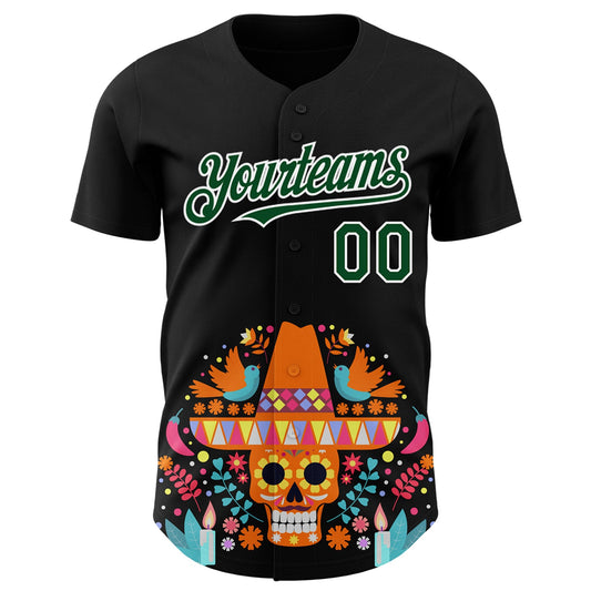 Maxcorners Custom Black Green-White 3D Mexican Festival Flower Skull With Sombrero Cinco de Mayo Authentic Baseball Jersey LM2605