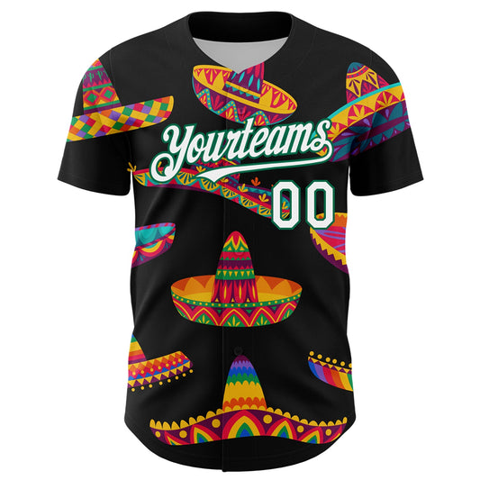 Maxcorners Custom Black White-Kelly Green 3D Mexican Festival Sombrero Cinco de Mayo Authentic Baseball Jersey LM2605