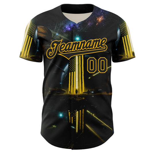 Maxcorners Custom Blue Navy-White 3D Pattern Design Outer Space Light Swords American Flag Premium Baseball Jersey LM0210
