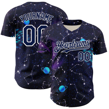 Maxcorners Custom Dark Purple Navy-White 3D Pattern Design Outer Space Galaxy Solar Authentic Baseball Jersey LM2605