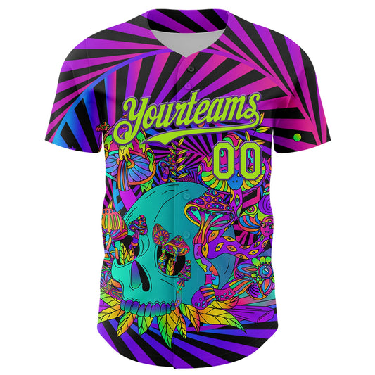 Maxcorners Custom Purple Neon Green 3D Pattern Design Trippy Magic Mushrooms Skull Authentic Baseball Jersey LM2605
