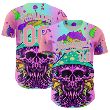 Maxcorners Custom Purple Medium Pink-Ice Blue 3D Pattern Design Trippy Magic Mushrooms Skull Authentic Baseball Jersey LM0609