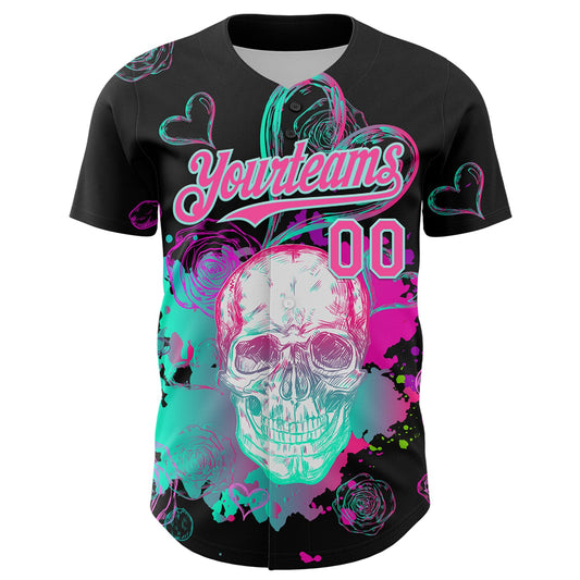 Maxcorners Custom Black Pink-Ice Blue 3D Pattern Design Trippy Magic Mushrooms Skull Authentic Baseball Jersey LM2605