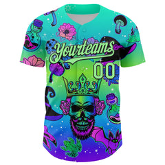 Maxcorners Custom Blue Pea Green-Black 3D Pattern Design Trippy Magic Mushrooms Skull Premium Baseball Jersey LM0210