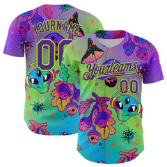 Maxcorners Custom Purple Neon Green 3D Pattern Design Trippy Magic Mushrooms Alien Premium Baseball Jersey LM0210